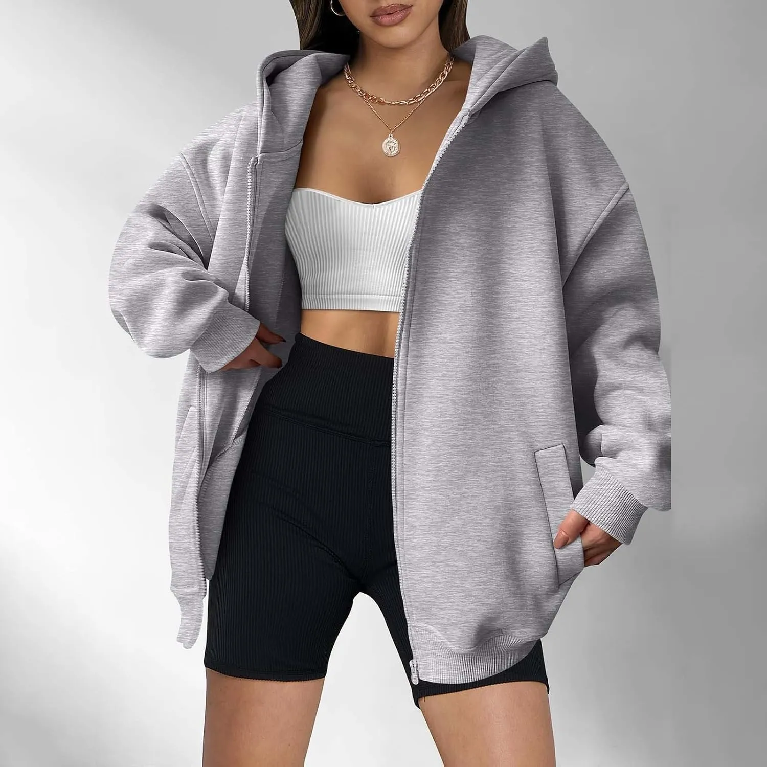 Women's Full Zip Up Sweatshirt Oversized Hooded Jacket Trendy Fleece Lined Hoodies Lightweight Gym Coats with Pockets