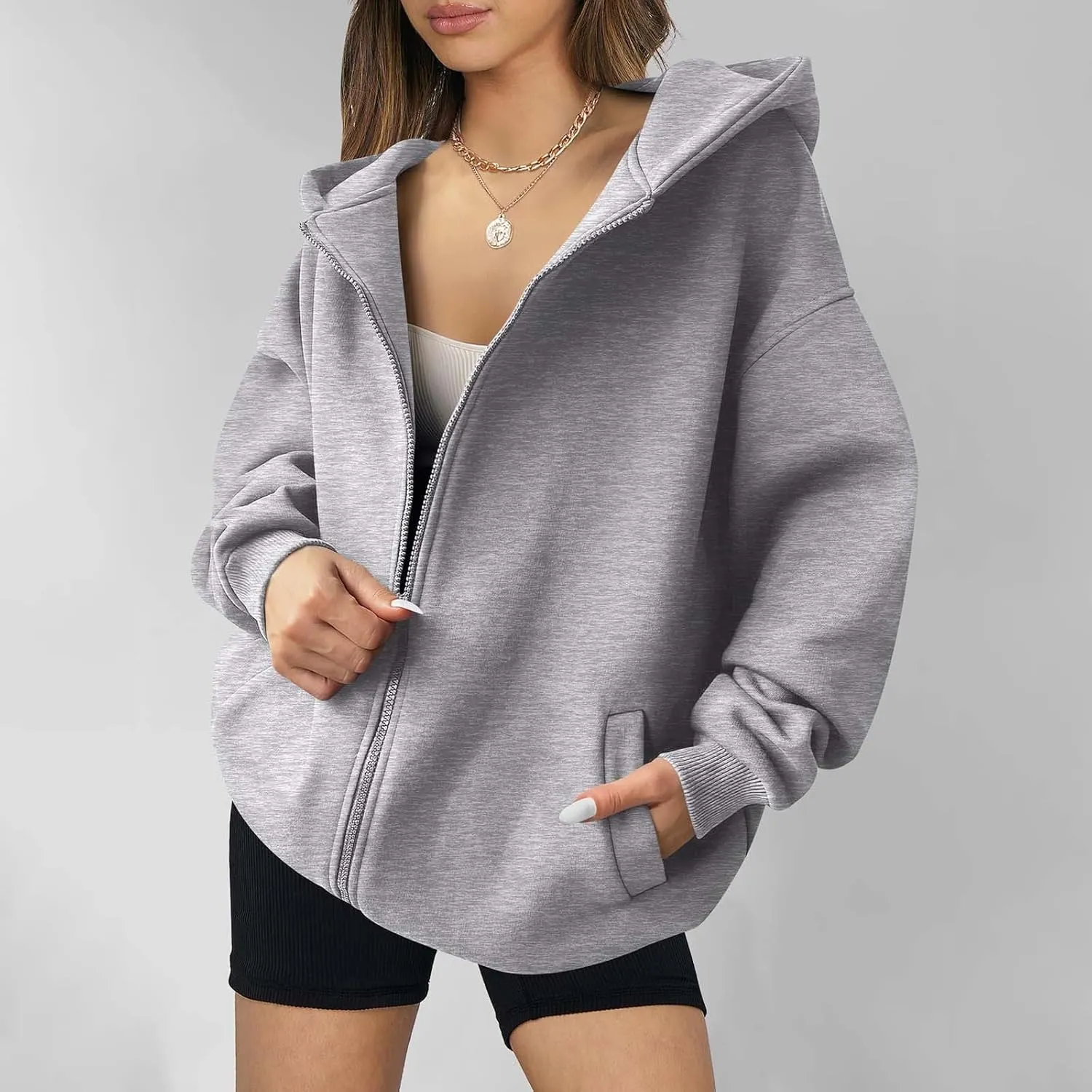 Women's Full Zip Up Sweatshirt Oversized Hooded Jacket Trendy Fleece Lined Hoodies Lightweight Gym Coats with Pockets