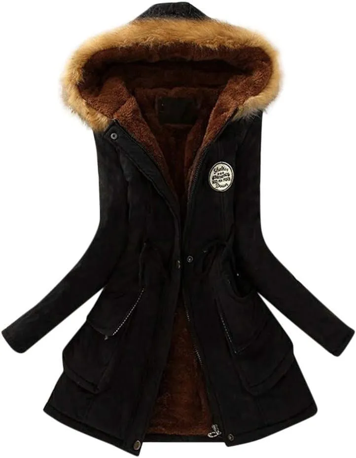 Womens Hooded Parka Jacket Thicken Fleece Outwear Lined Down Long Coats Warm Overcoat Ladies Winter B-Black