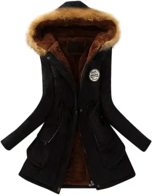 Womens Hooded Parka Jacket Thicken Fleece Outwear Lined Down Long Coats Warm Overcoat Ladies Winter B-Black
