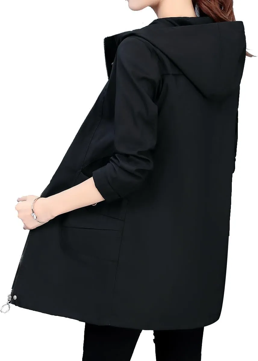 Women's hooded with pockets with zipper windbreaker fashion simple temperament Slim high-grade jacket
