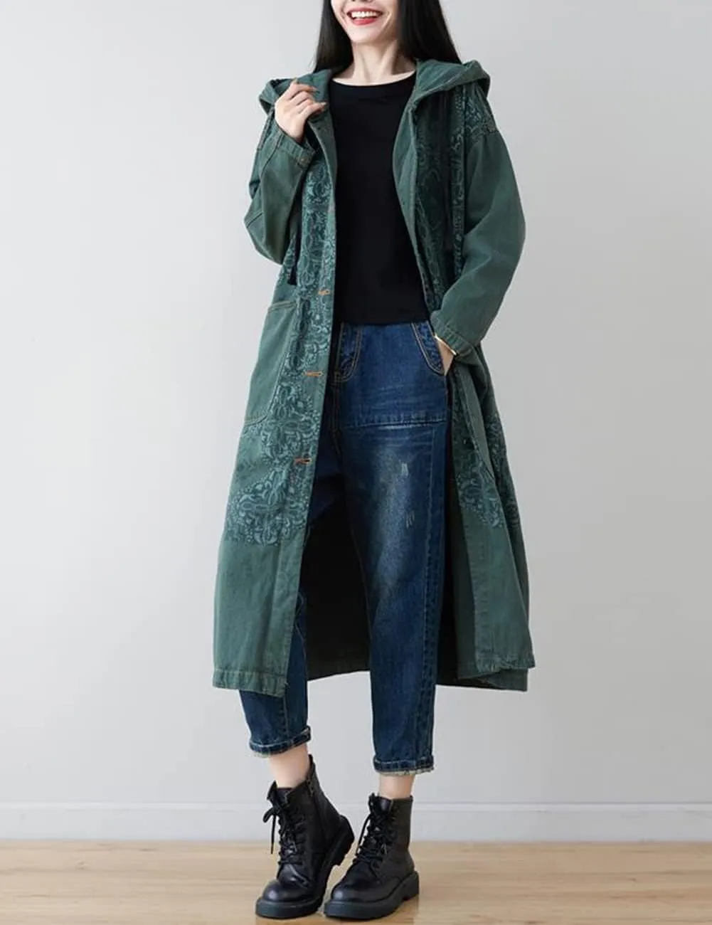 Women's Hoodie Long Jean Jacket Plus Size Loose Long Sleeve Button Down Denim Jacket Trench Coat