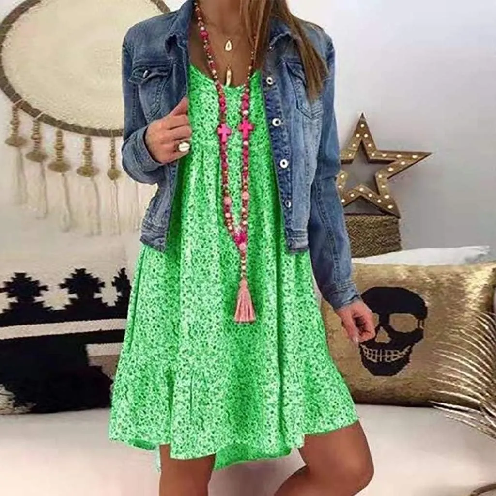 Women's Ladies Sexy Loose Print Hlaf Sleeve Ruffles Mini Dress Summer Dress Womens Long Dresses Casual