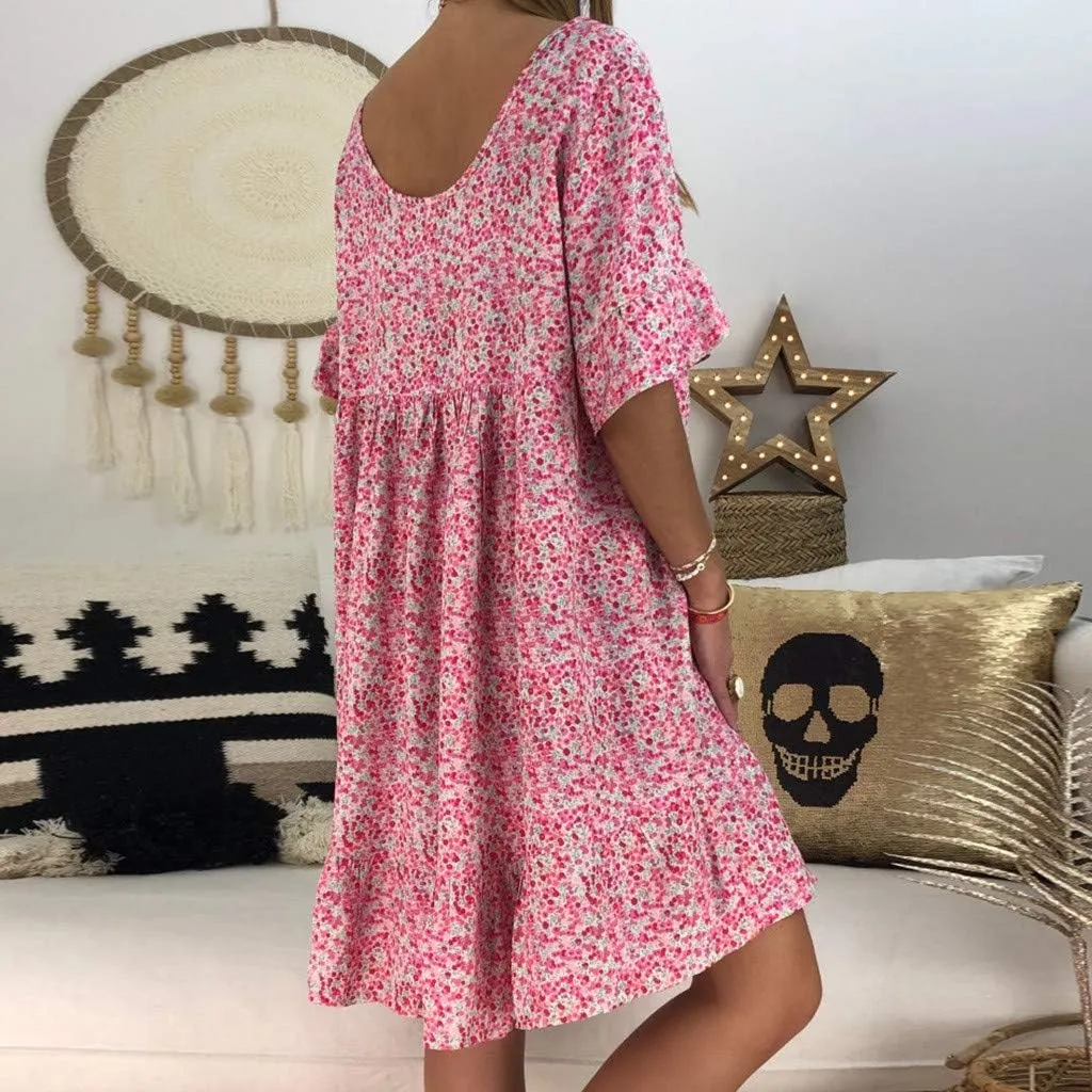 Women's Ladies Sexy Loose Print Hlaf Sleeve Ruffles Mini Dress Summer Dress Womens Long Dresses Casual