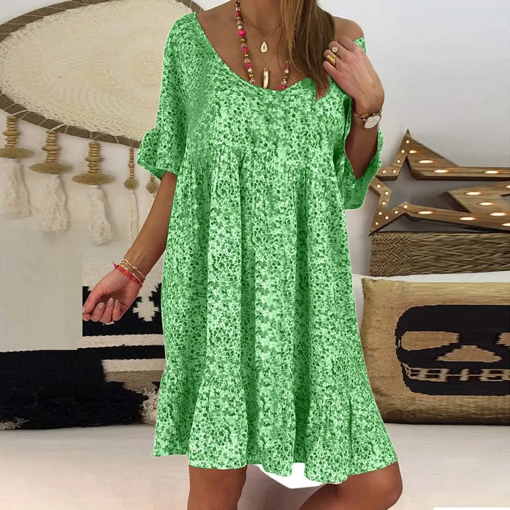 Women's Ladies Sexy Loose Print Hlaf Sleeve Ruffles Mini Dress Summer Dress Womens Long Dresses Casual