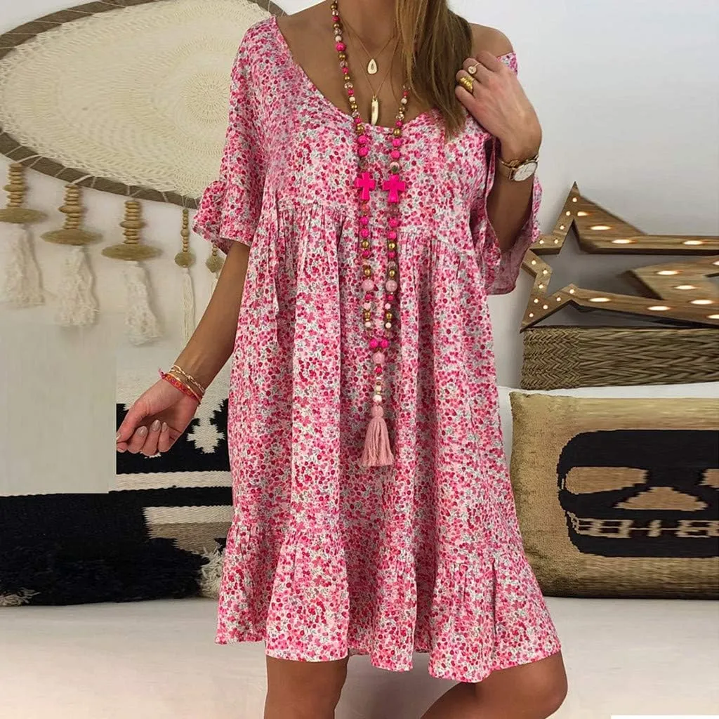Women's Ladies Sexy Loose Print Hlaf Sleeve Ruffles Mini Dress Summer Dress Womens Long Dresses Casual