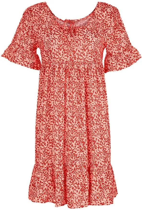 Women's Ladies Sexy Loose Print Hlaf Sleeve Ruffles Mini Dress Summer Dress Womens Long Dresses Casual