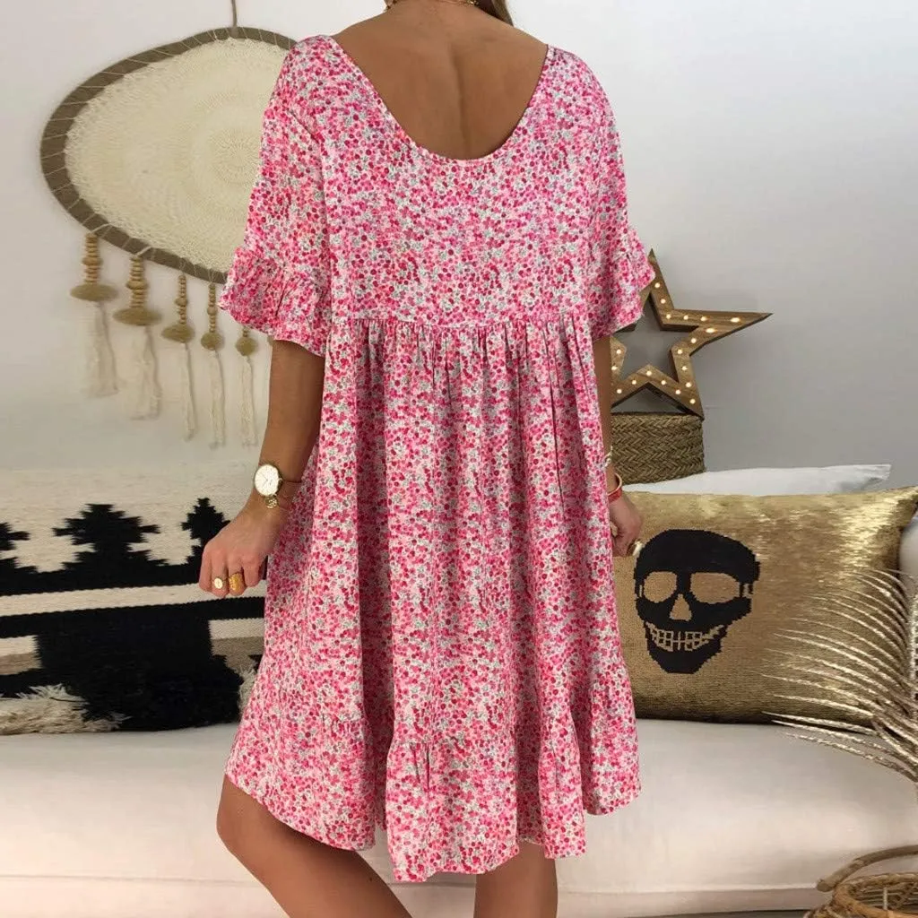 Women's Ladies Sexy Loose Print Hlaf Sleeve Ruffles Mini Dress Summer Dress Womens Long Dresses Casual