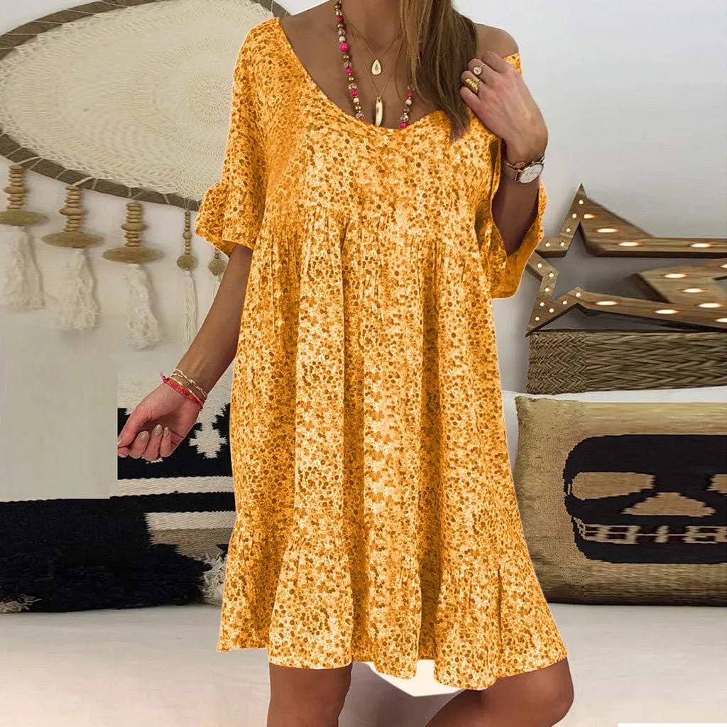 Women's Ladies Sexy Loose Print Hlaf Sleeve Ruffles Mini Dress Summer Dress Womens Long Dresses Casual