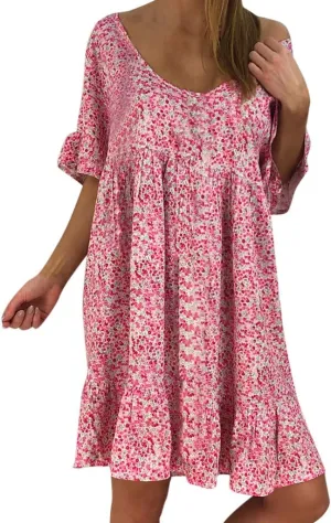 Women's Ladies Sexy Loose Print Hlaf Sleeve Ruffles Mini Dress Summer Dress Womens Long Dresses Casual