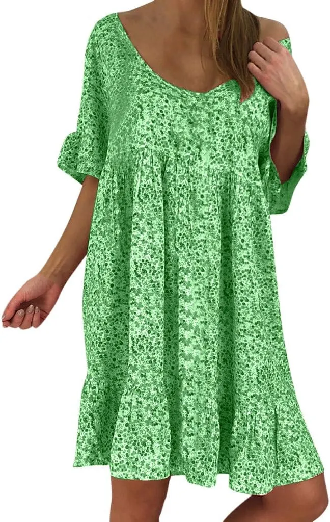 Women's Ladies Sexy Loose Print Hlaf Sleeve Ruffles Mini Dress Summer Dress Womens Long Dresses Casual