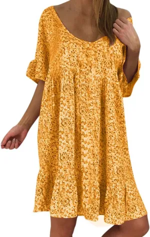 Women's Ladies Sexy Loose Print Hlaf Sleeve Ruffles Mini Dress Summer Dress Womens Long Dresses Casual