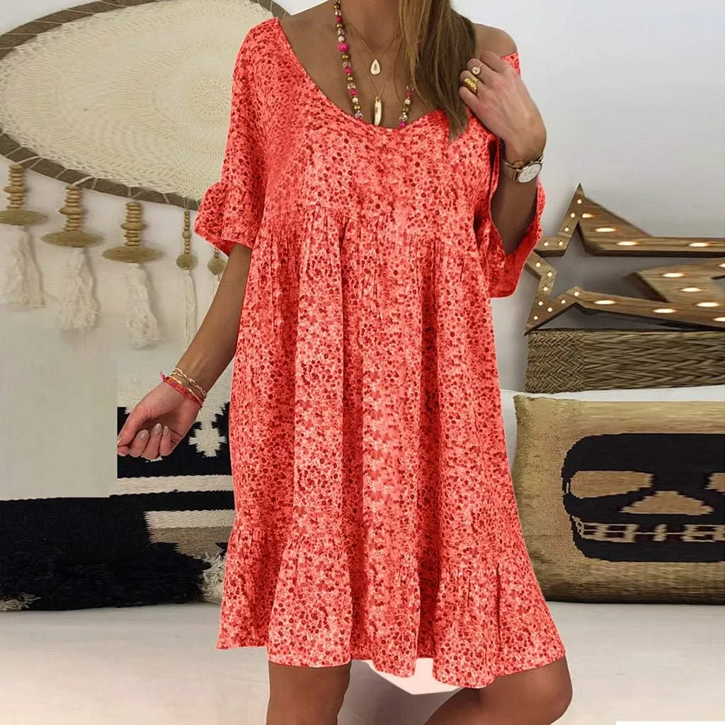 Women's Ladies Sexy Loose Print Hlaf Sleeve Ruffles Mini Dress Summer Dress Womens Long Dresses Casual