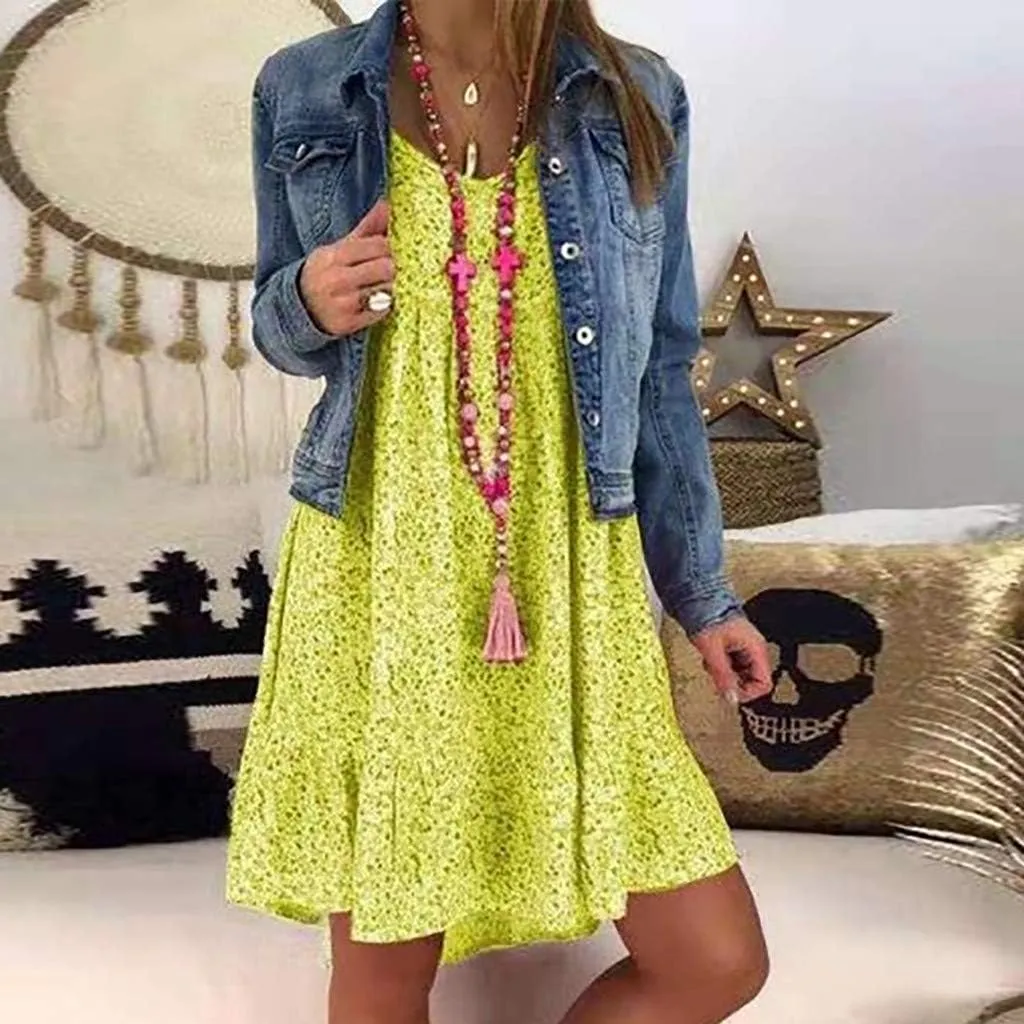 Women's Ladies Sexy Loose Print Hlaf Sleeve Ruffles Mini Dress Summer Dress Womens Long Dresses Casual