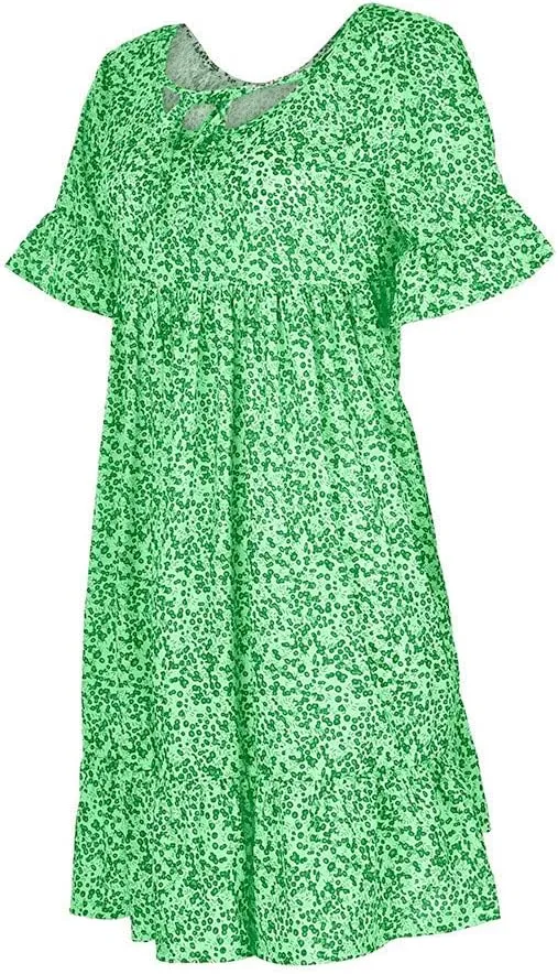 Women's Ladies Sexy Loose Print Hlaf Sleeve Ruffles Mini Dress Summer Dress Womens Long Dresses Casual