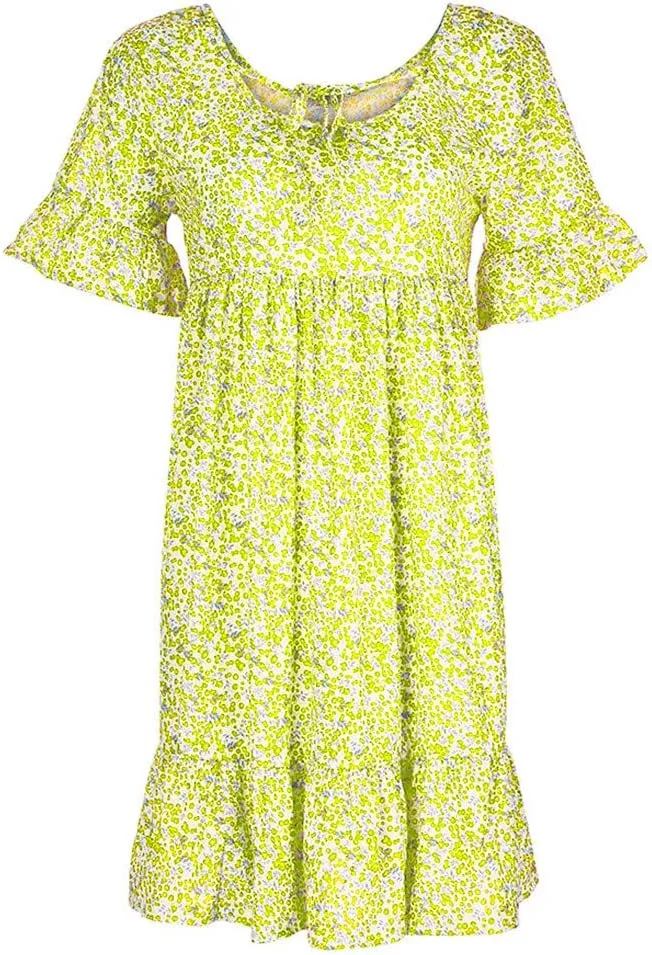 Women's Ladies Sexy Loose Print Hlaf Sleeve Ruffles Mini Dress Summer Dress Womens Long Dresses Casual