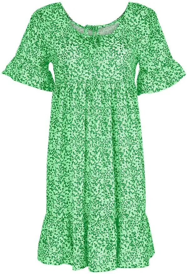 Women's Ladies Sexy Loose Print Hlaf Sleeve Ruffles Mini Dress Summer Dress Womens Long Dresses Casual