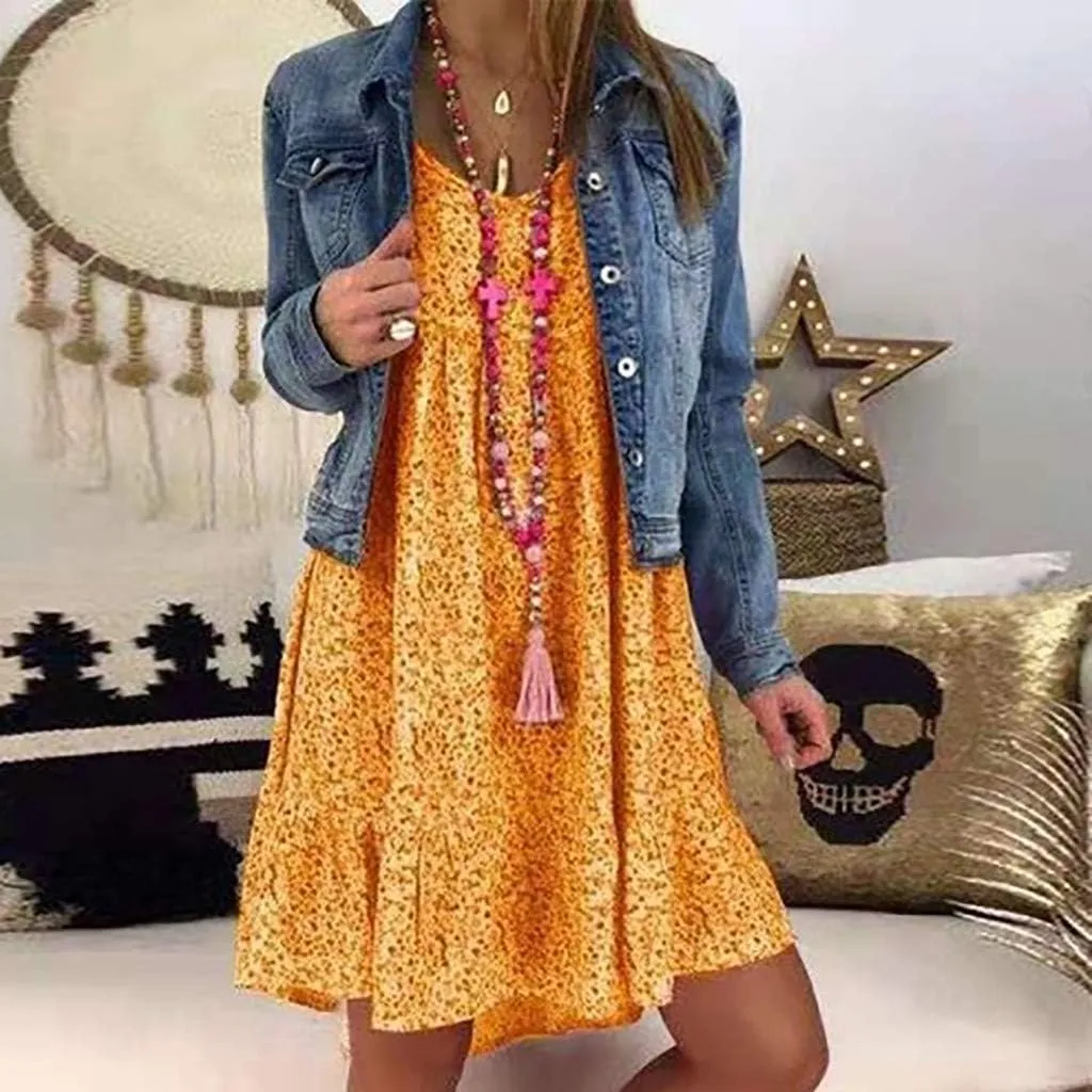 Women's Ladies Sexy Loose Print Hlaf Sleeve Ruffles Mini Dress Summer Dress Womens Long Dresses Casual