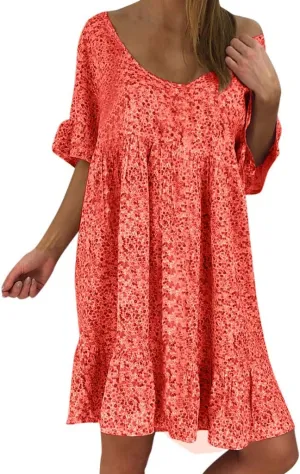 Women's Ladies Sexy Loose Print Hlaf Sleeve Ruffles Mini Dress Summer Dress Womens Long Dresses Casual