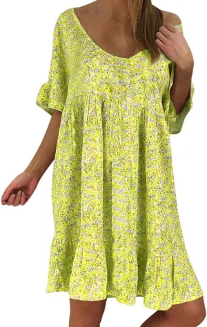 Women's Ladies Sexy Loose Print Hlaf Sleeve Ruffles Mini Dress Summer Dress Womens Long Dresses Casual