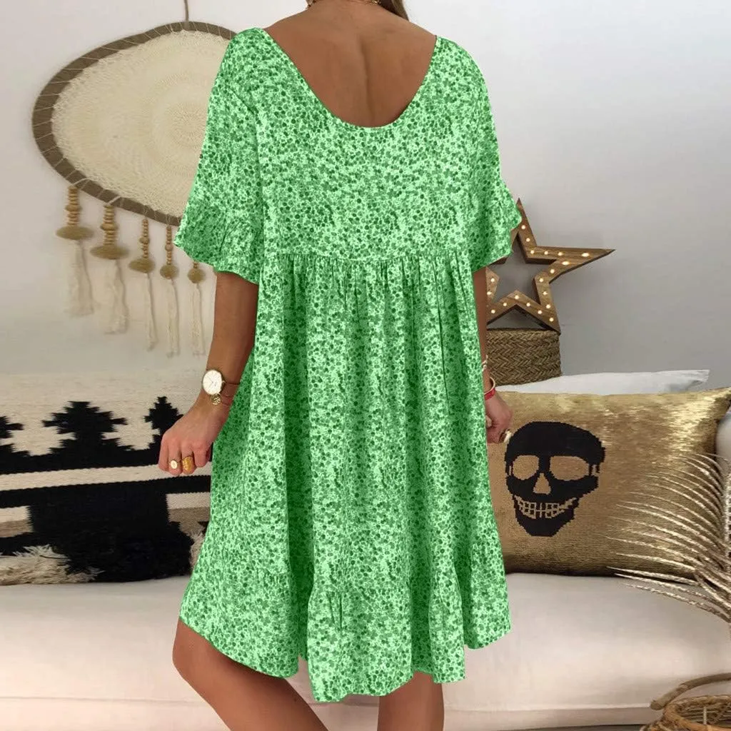 Women's Ladies Sexy Loose Print Hlaf Sleeve Ruffles Mini Dress Summer Dress Womens Long Dresses Casual