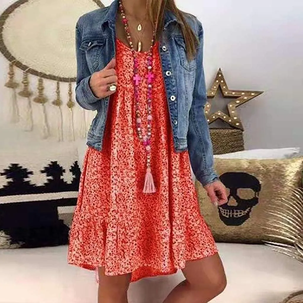 Women's Ladies Sexy Loose Print Hlaf Sleeve Ruffles Mini Dress Summer Dress Womens Long Dresses Casual