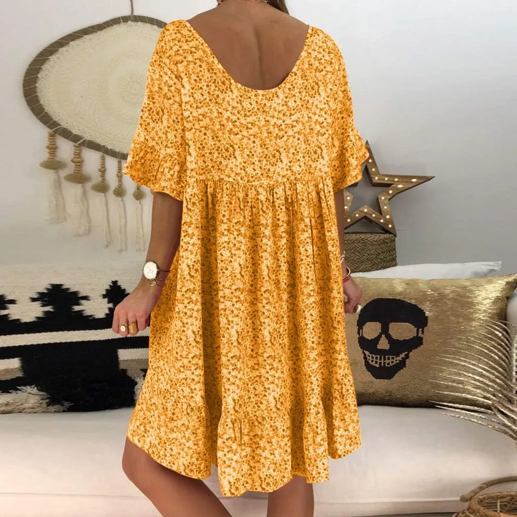 Women's Ladies Sexy Loose Print Hlaf Sleeve Ruffles Mini Dress Summer Dress Womens Long Dresses Casual