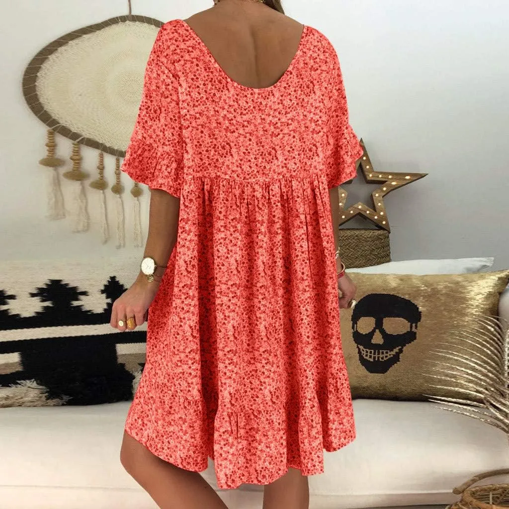 Women's Ladies Sexy Loose Print Hlaf Sleeve Ruffles Mini Dress Summer Dress Womens Long Dresses Casual