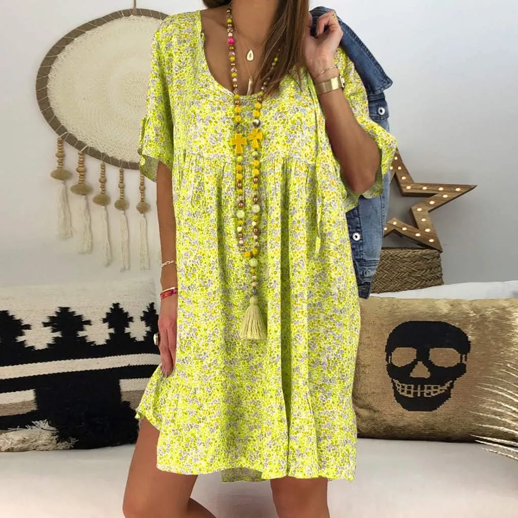 Women's Ladies Sexy Loose Print Hlaf Sleeve Ruffles Mini Dress Summer Dress Womens Long Dresses Casual