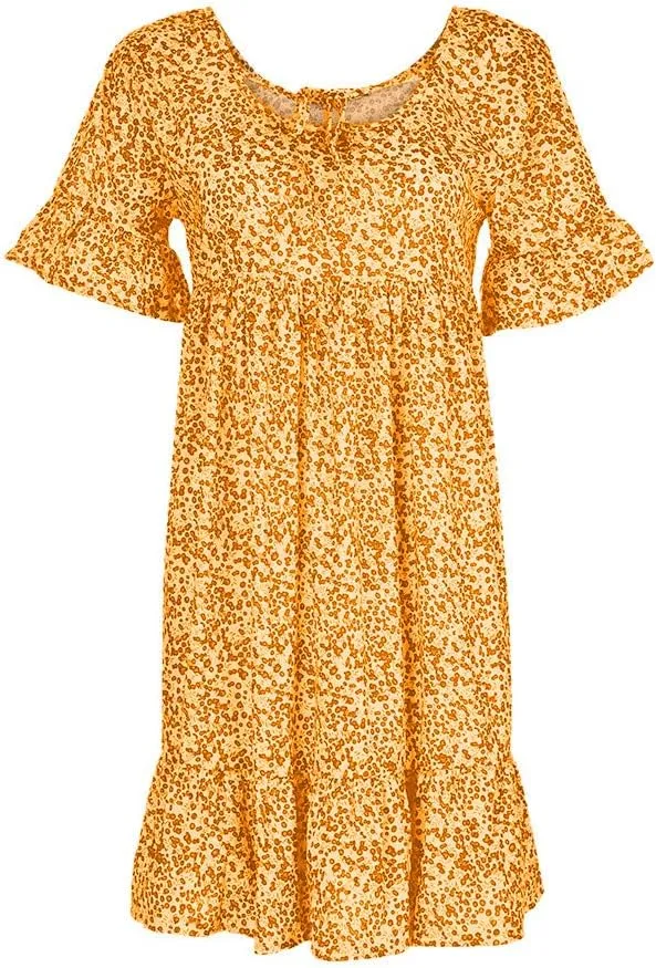 Women's Ladies Sexy Loose Print Hlaf Sleeve Ruffles Mini Dress Summer Dress Womens Long Dresses Casual