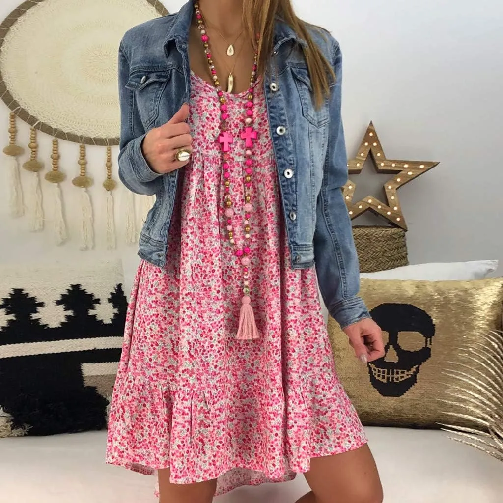 Women's Ladies Sexy Loose Print Hlaf Sleeve Ruffles Mini Dress Summer Dress Womens Long Dresses Casual