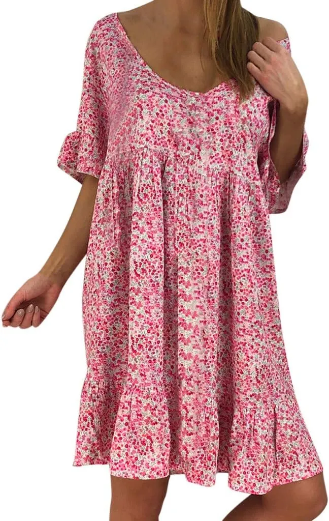Women's Ladies Sexy Loose Print Hlaf Sleeve Ruffles Mini Dress Summer Dress Womens Long Dresses Casual
