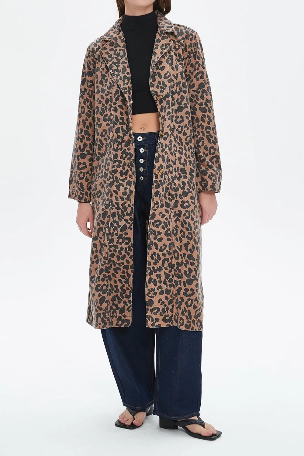 Womens Leopard Print Long Jean Jacket Plus Size Long Sleeve Button Down Lapel Denim Jacket Trench Coat