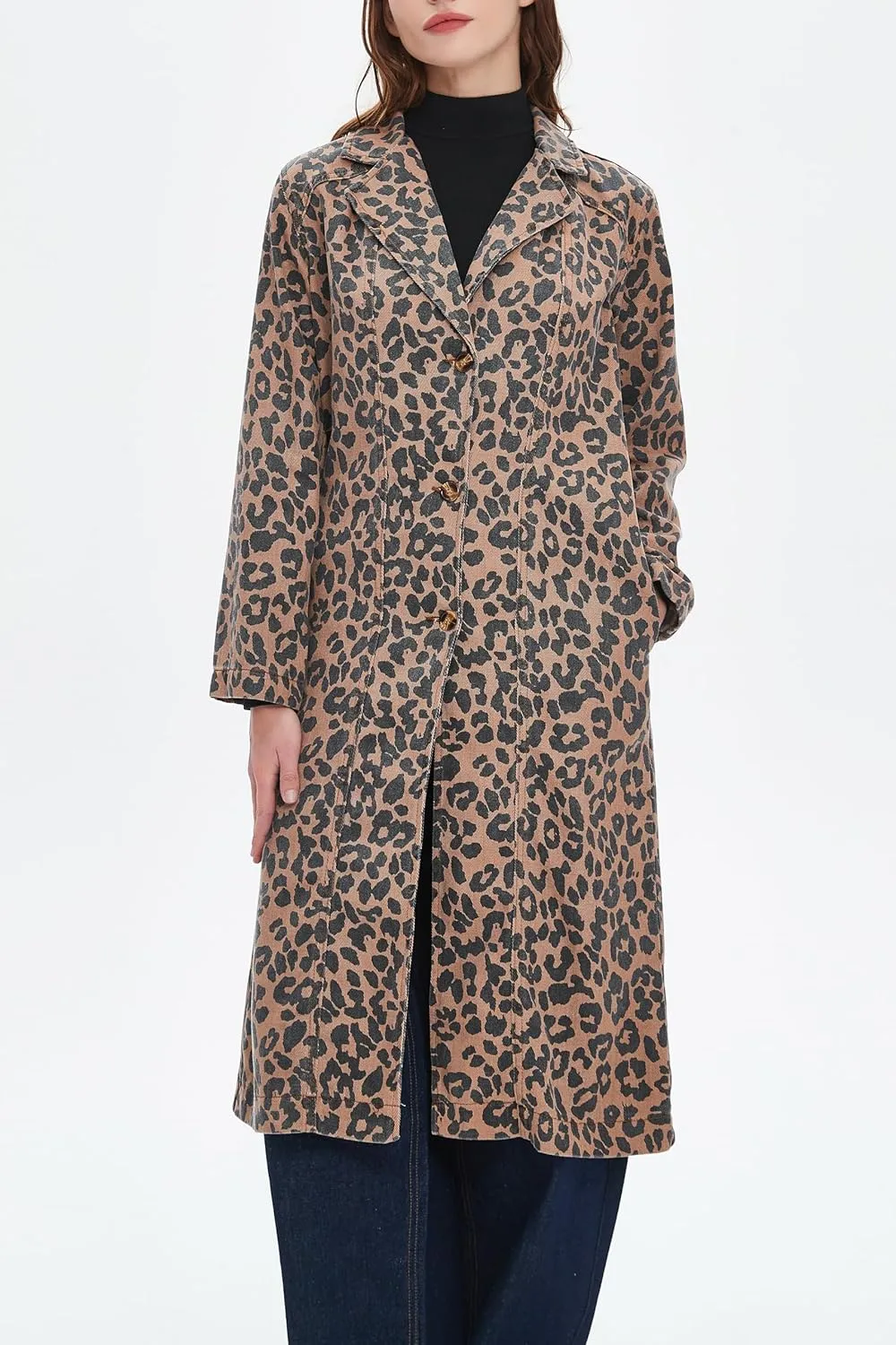 Womens Leopard Print Long Jean Jacket Plus Size Long Sleeve Button Down Lapel Denim Jacket Trench Coat