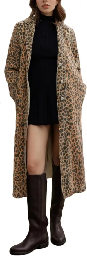Womens Leopard Print Long Jean Jacket Plus Size Long Sleeve Button Down Lapel Denim Jacket Trench Coat