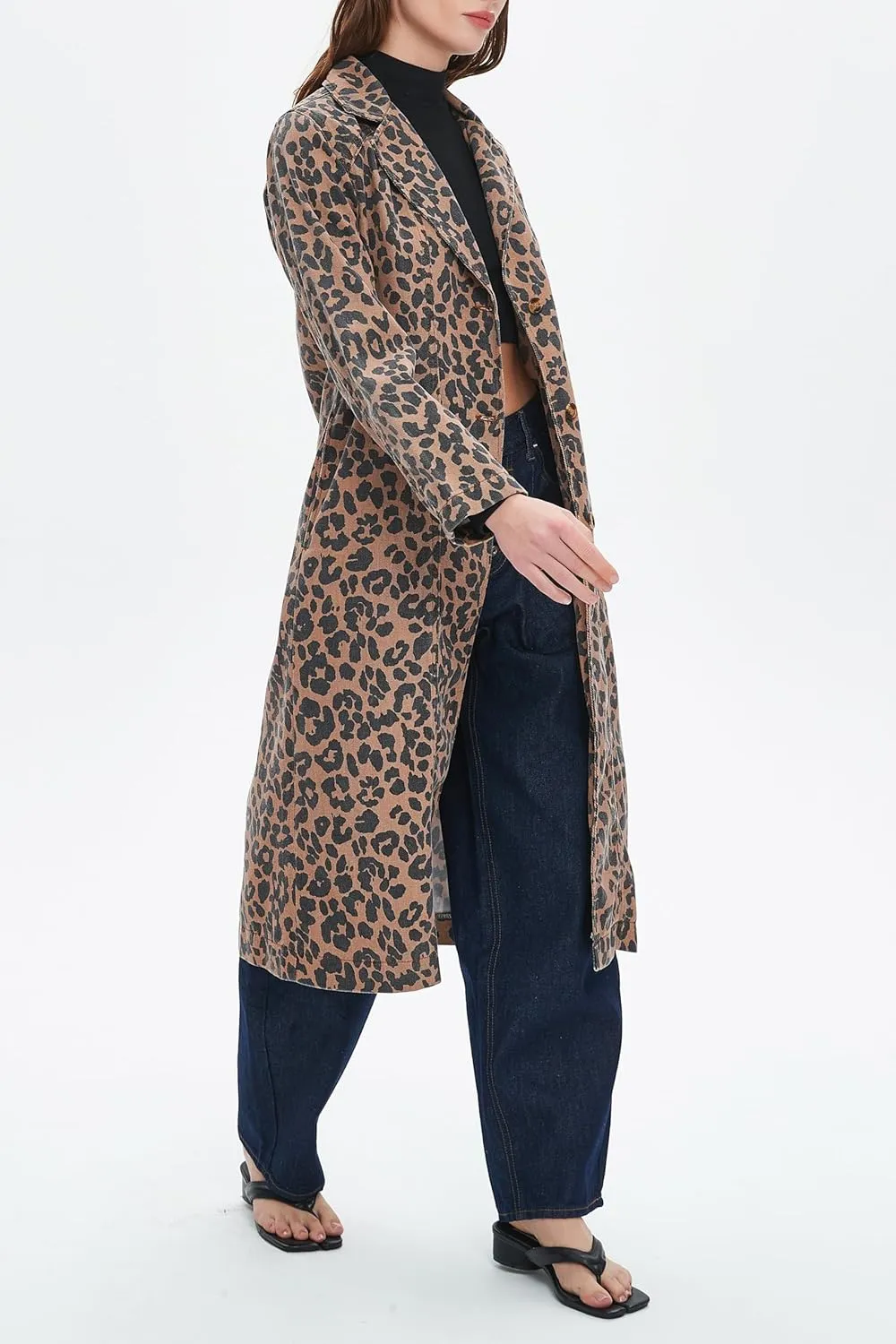 Womens Leopard Print Long Jean Jacket Plus Size Long Sleeve Button Down Lapel Denim Jacket Trench Coat