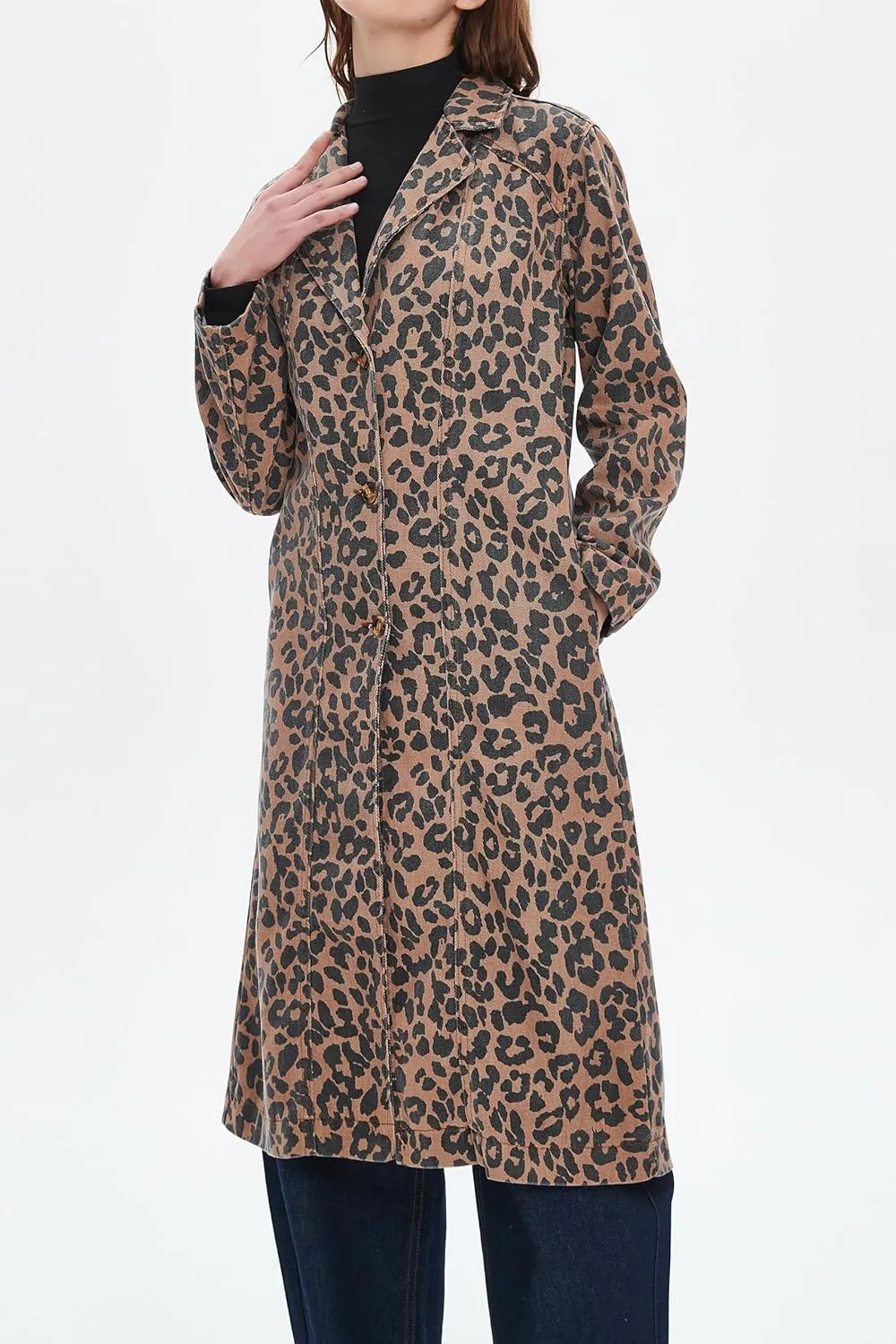 Womens Leopard Print Long Jean Jacket Plus Size Long Sleeve Button Down Lapel Denim Jacket Trench Coat