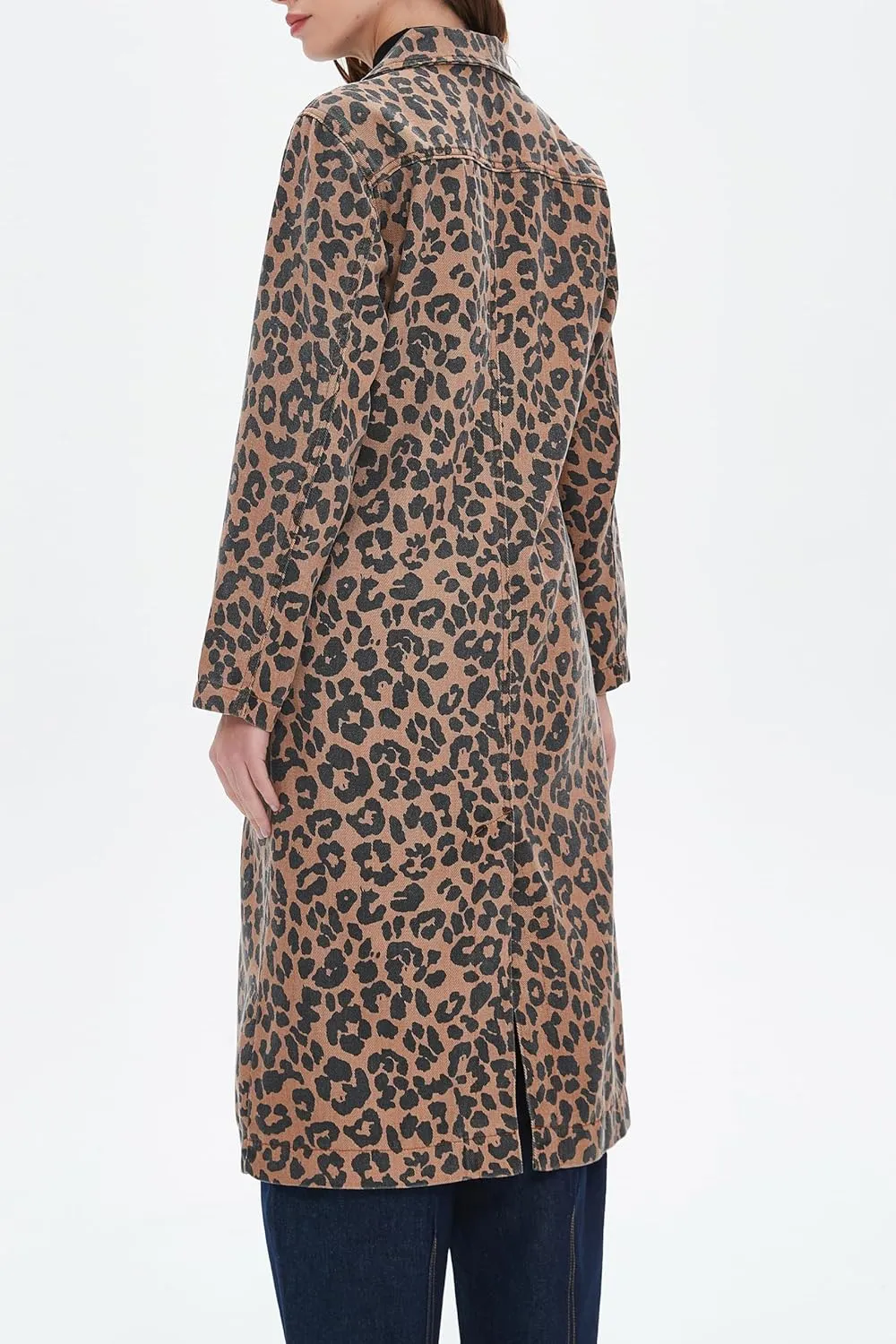 Womens Leopard Print Long Jean Jacket Plus Size Long Sleeve Button Down Lapel Denim Jacket Trench Coat