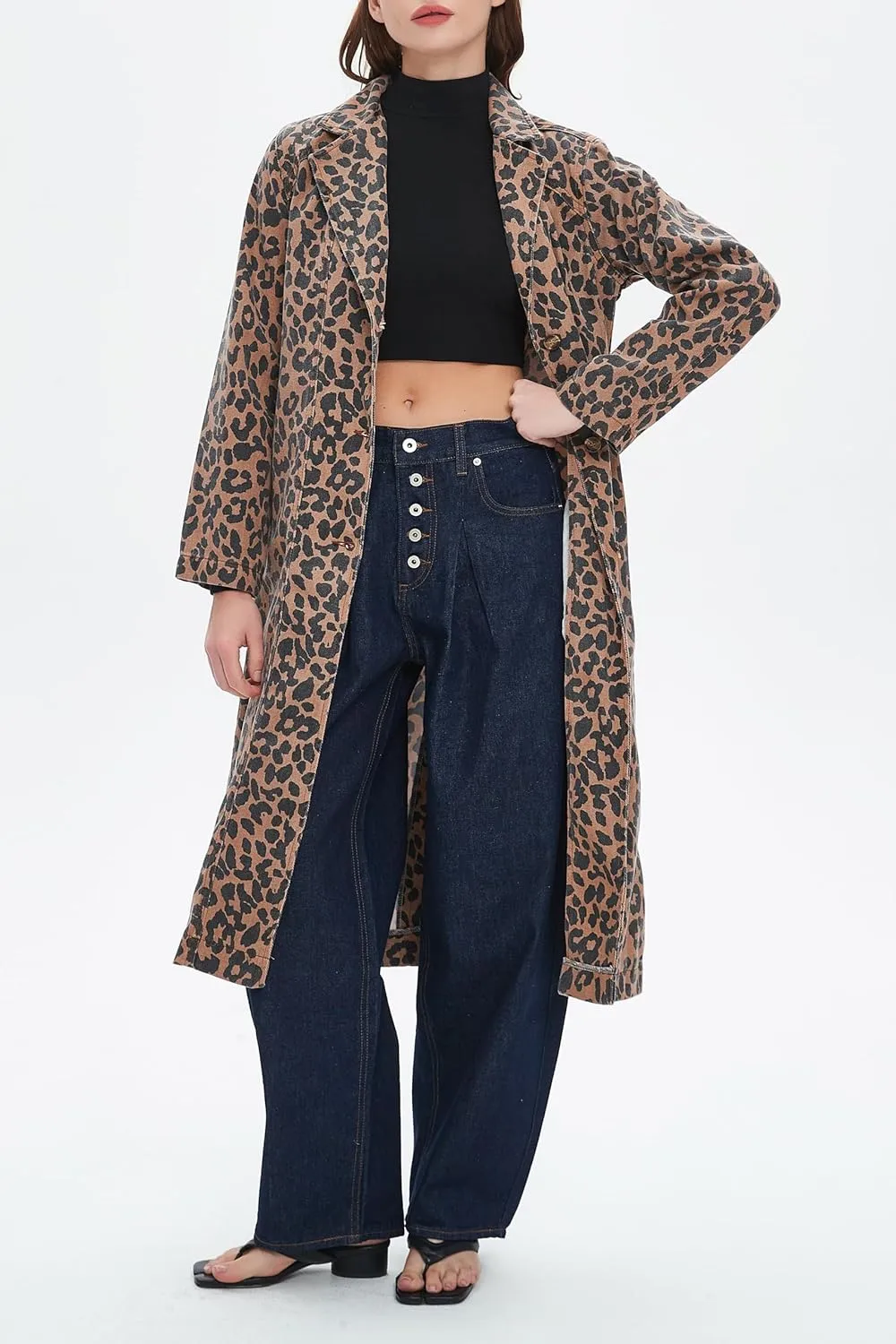 Womens Leopard Print Long Jean Jacket Plus Size Long Sleeve Button Down Lapel Denim Jacket Trench Coat