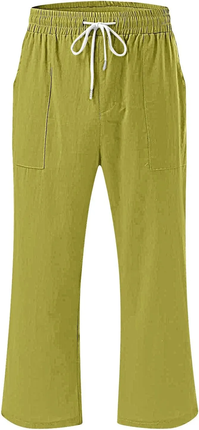 Women's Linen Cotton Wide Leg Pants Boho Palazzo Trousers for Summer High Waisted Elastic Side Pockets Sizes XS-XXL