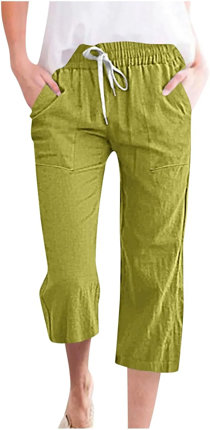 Women's Linen Cotton Wide Leg Pants Boho Palazzo Trousers for Summer High Waisted Elastic Side Pockets Sizes XS-XXL