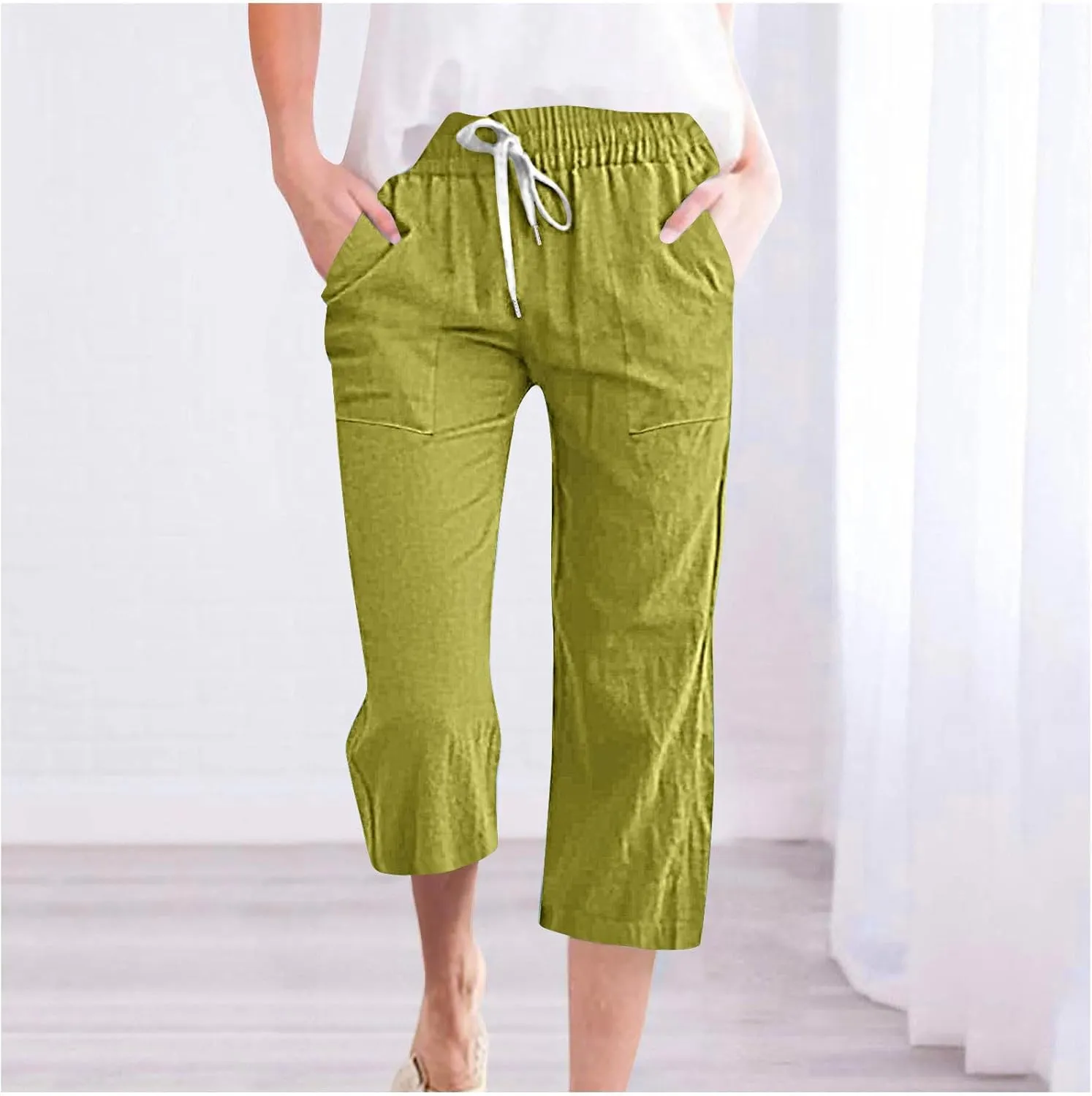 Women's Linen Cotton Wide Leg Pants Boho Palazzo Trousers for Summer High Waisted Elastic Side Pockets Sizes XS-XXL