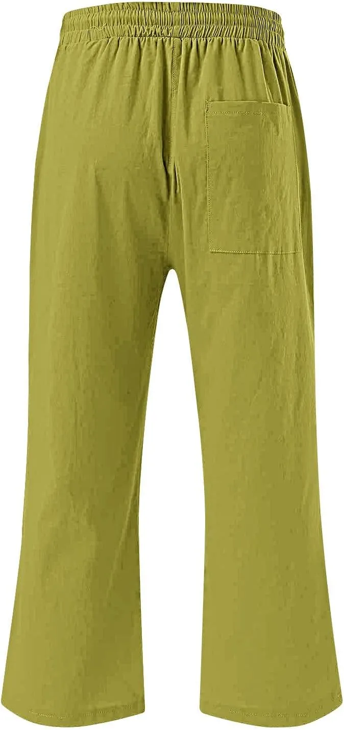 Women's Linen Cotton Wide Leg Pants Boho Palazzo Trousers for Summer High Waisted Elastic Side Pockets Sizes XS-XXL