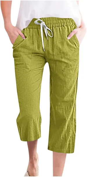Women's Linen Cotton Wide Leg Pants Boho Palazzo Trousers for Summer High Waisted Elastic Side Pockets Sizes XS-XXL