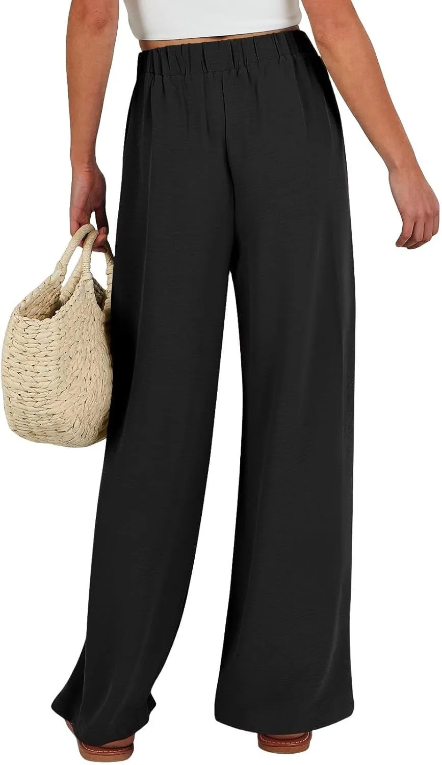 Women's Linen Palazzo Pants High Waist Wide Leg Flowy Pants Summer Beach Vacation Clothes Casual Loose Fit Outfits