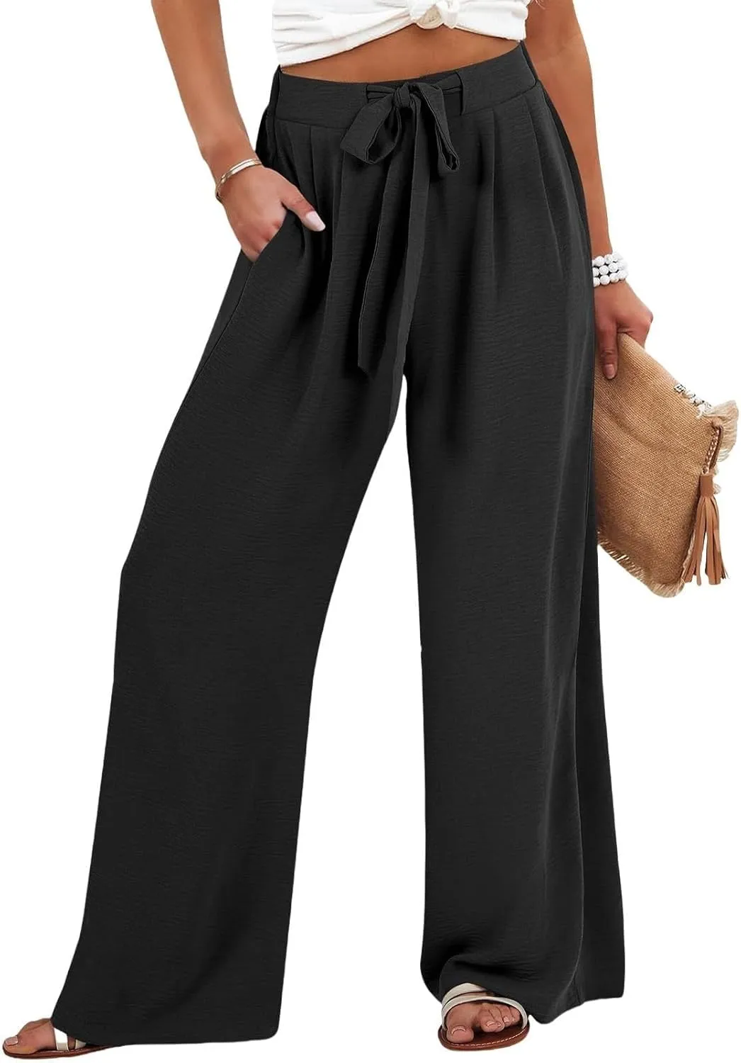 Women's Linen Palazzo Pants High Waist Wide Leg Flowy Pants Summer Beach Vacation Clothes Casual Loose Fit Outfits