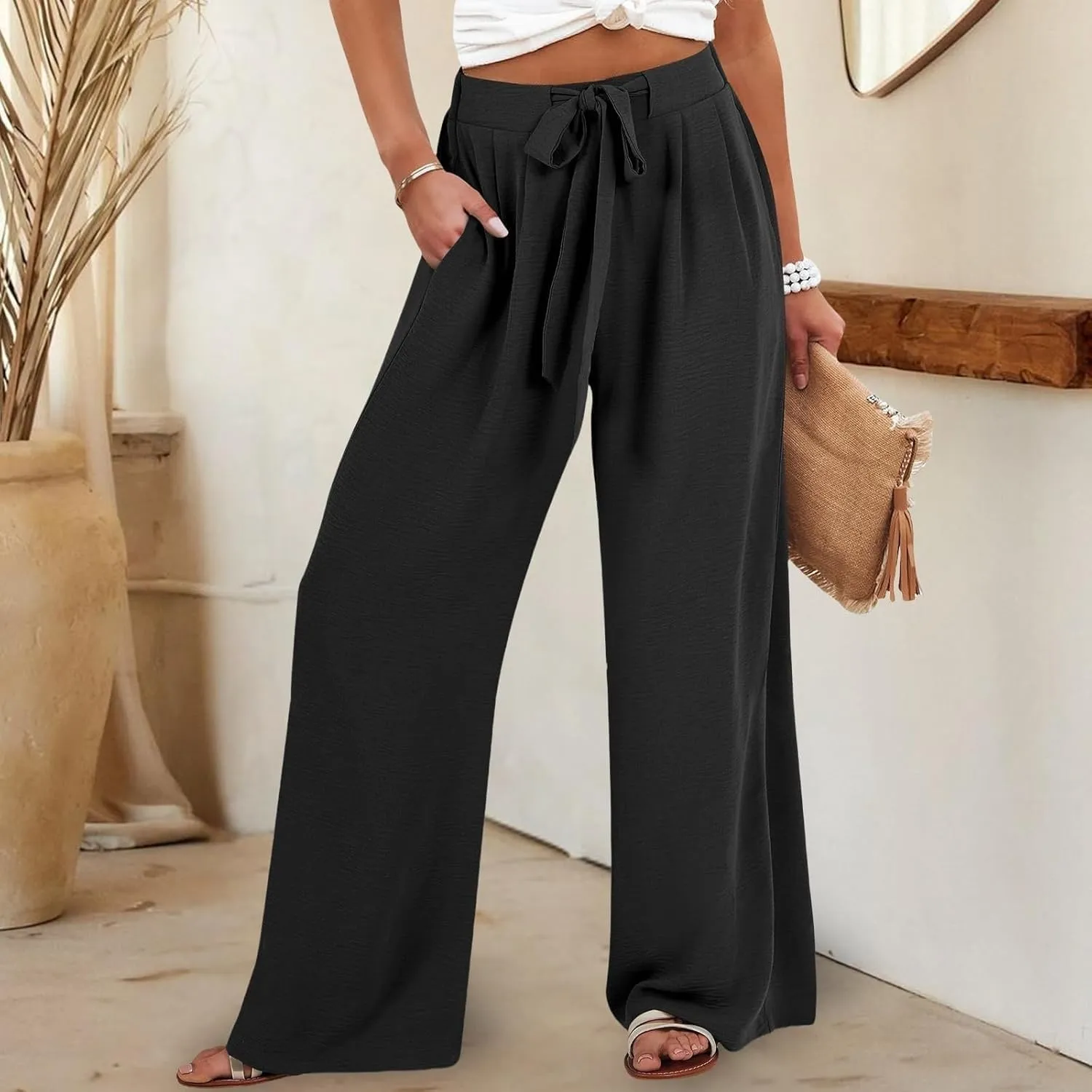 Women's Linen Palazzo Pants High Waist Wide Leg Flowy Pants Summer Beach Vacation Clothes Casual Loose Fit Outfits