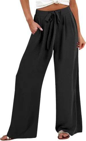 Women's Linen Palazzo Pants High Waist Wide Leg Flowy Pants Summer Beach Vacation Clothes Casual Loose Fit Outfits