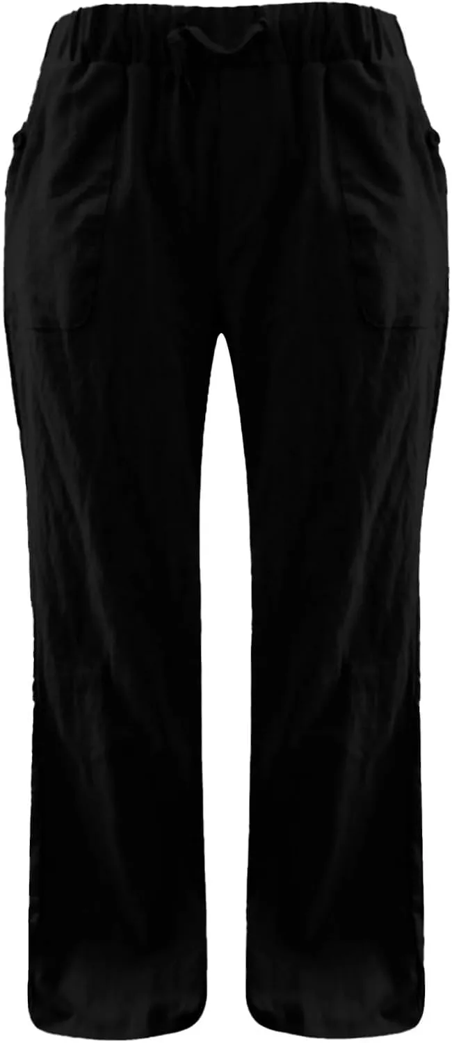 Womens Linen Pants Lounge Pant Floral Solid Palazzo Pants High Waist Wide Leg Trousers with Pockets Beach Outfits for Women