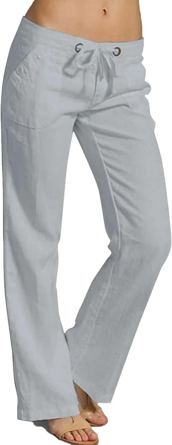 Womens Linen Pants Lounge Pant Floral Solid Palazzo Pants High Waist Wide Leg Trousers with Pockets Beach Outfits for Women
